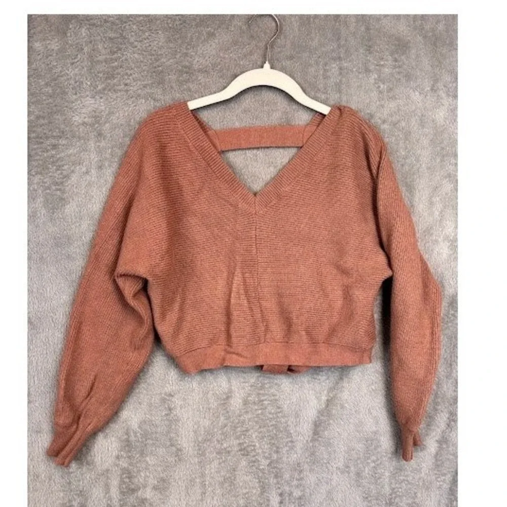 SHEIN Caramel Brown V Neck Ribbed Cropped Sweater Tie‎ Back Cutout Size M